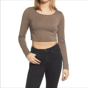 BP Nordstrom Olive Long Sleeve Scoop Neck Knit Crop Top Shirt Tee Blouse Dots XL